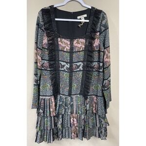 Ella Moon Multicolor LS tiered lagenlook‎ lace layered pleats boho dress, sz L
